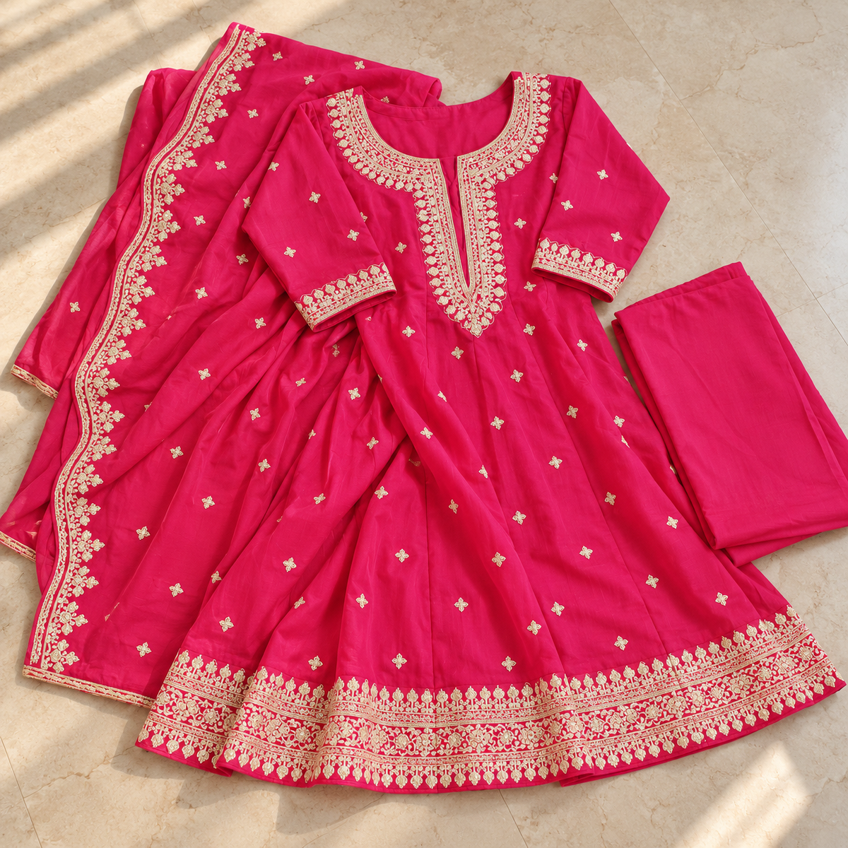 Magenta Pink Dotted Anarkali Designer Dupatta Suit