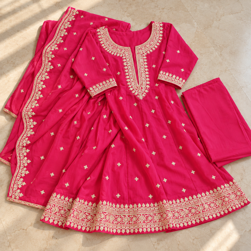 Magenta Pink Dotted Anarkali Designer Dupatta Suit
