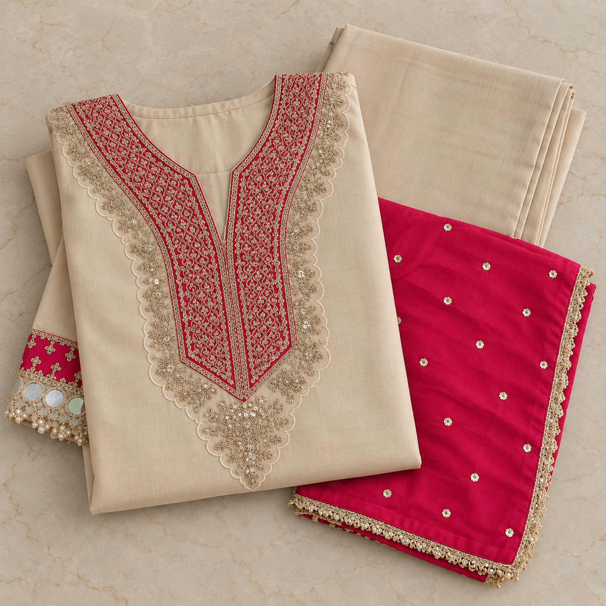 Cream With Metalic Embroidered With Pink Contrast Dupatta Suit