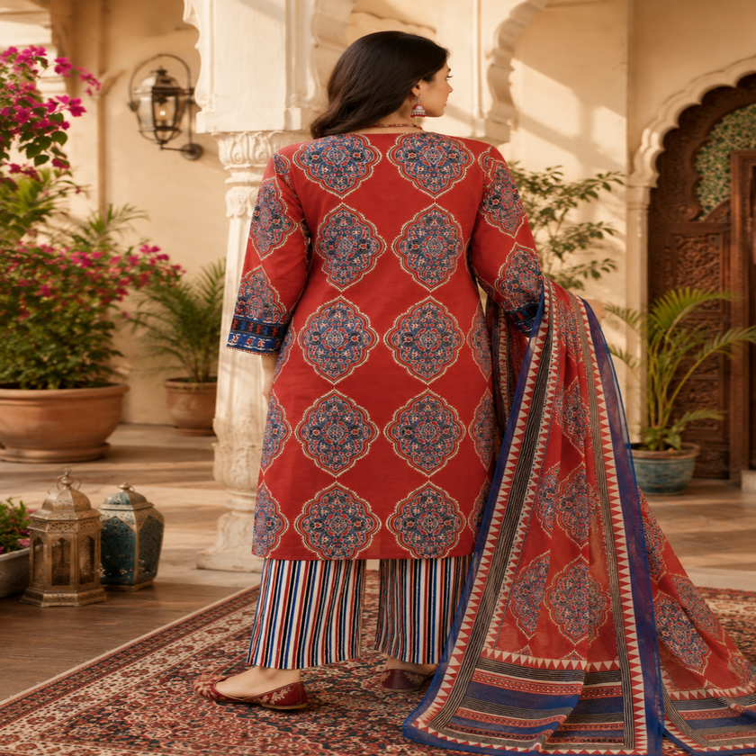 Red blue Ajrakh printed suit for women with cotton kurta, pants and printed dupatta