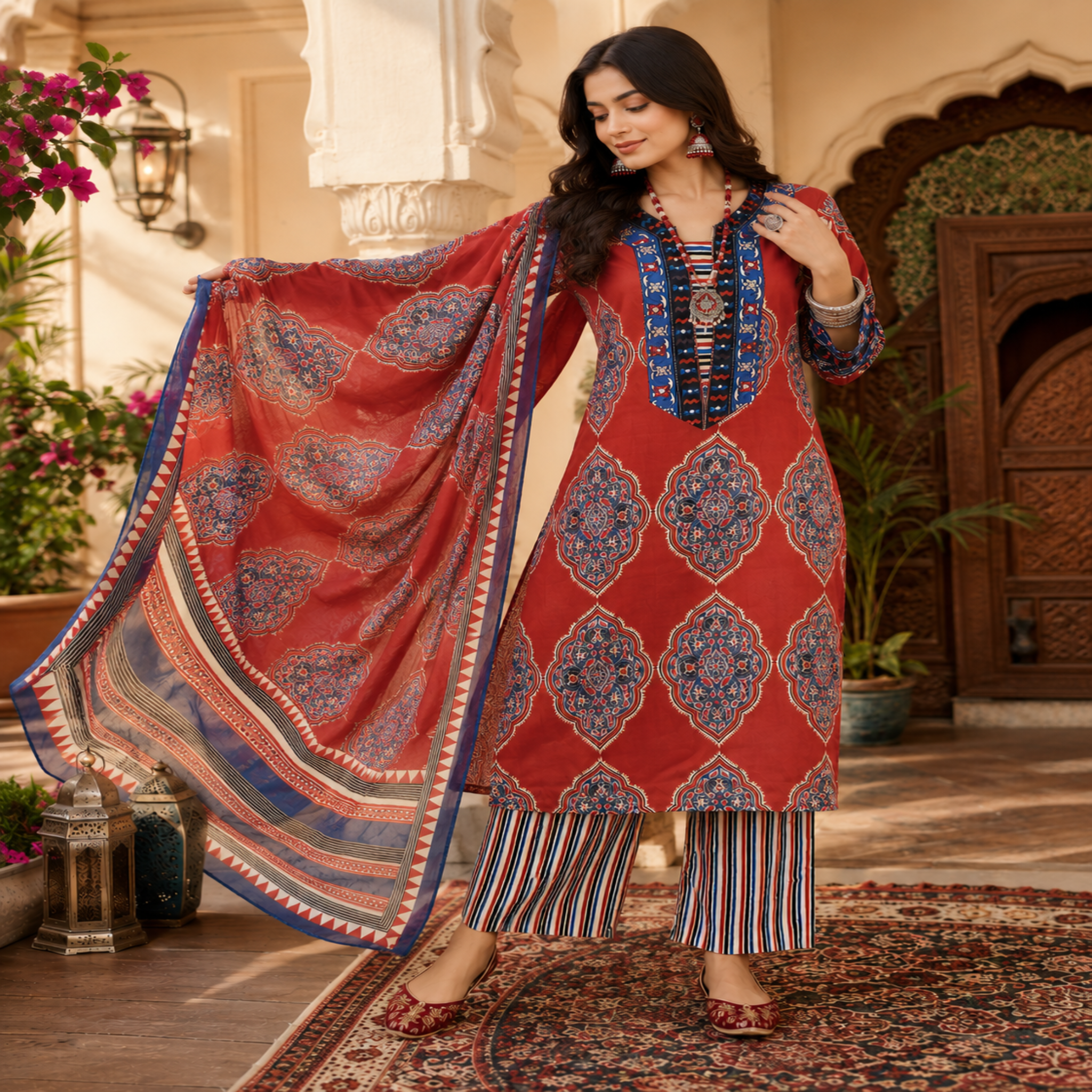 Red blue Ajrakh printed suit for women with cotton kurta, pants and printed dupatta