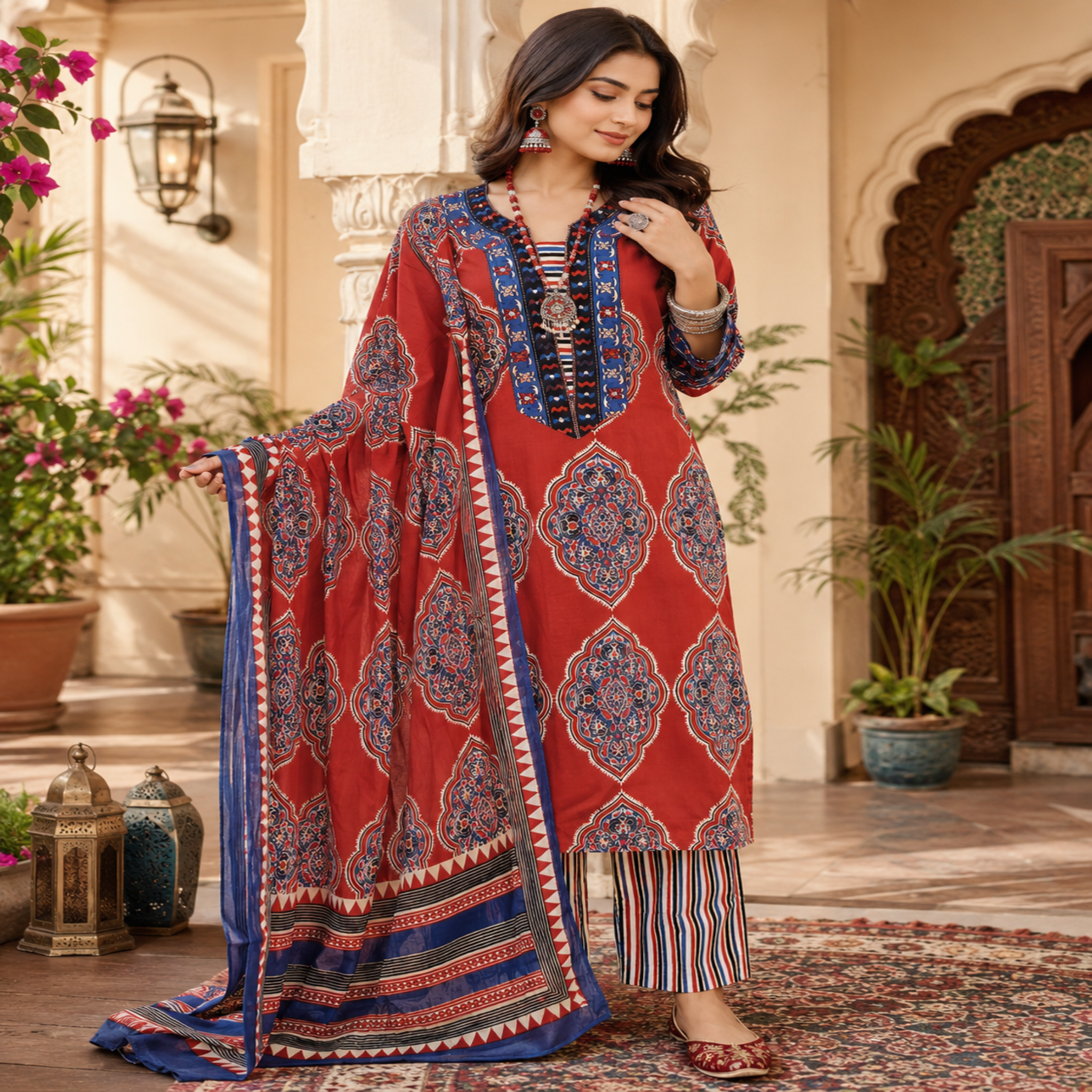 Red blue Ajrakh printed suit for women with cotton kurta, pants and printed dupatta