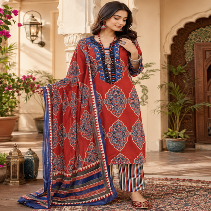 Red blue Ajrakh printed suit for women with cotton kurta, pants and printed dupatta