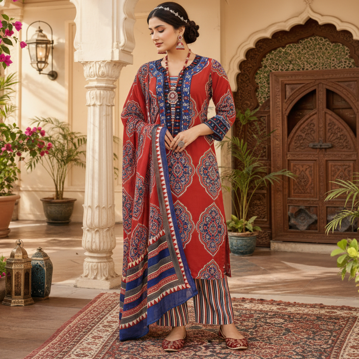 Red blue Ajrakh printed suit for women with cotton kurta, pants and printed dupatta