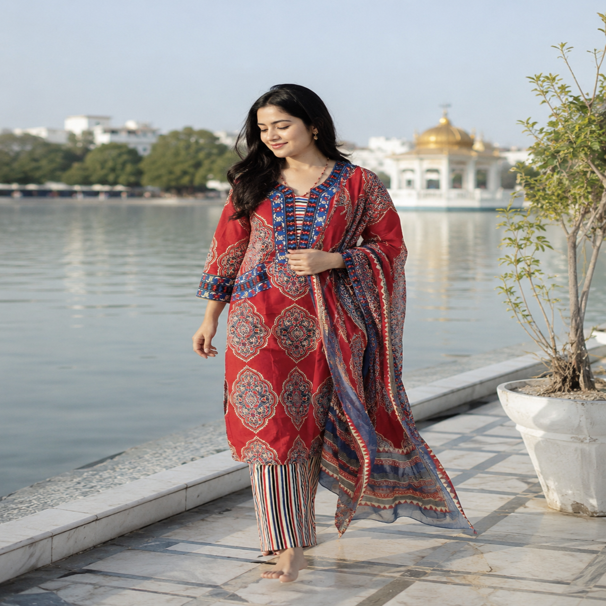 Red blue Ajrakh printed suit for women with cotton kurta, pants and printed dupatta