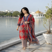 Red blue Ajrakh printed suit for women with cotton kurta, pants and printed dupatta