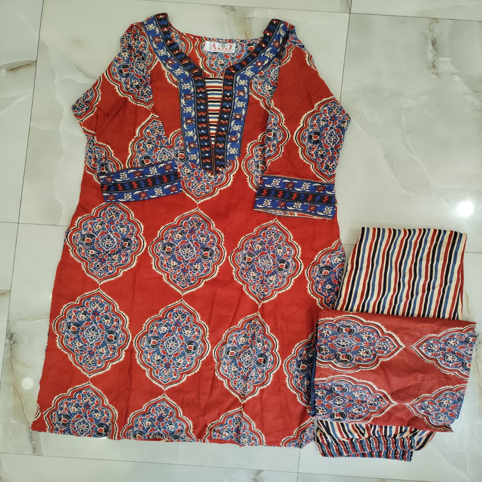 Red blue Ajrakh printed suit for women with cotton kurta, pants and printed dupatta