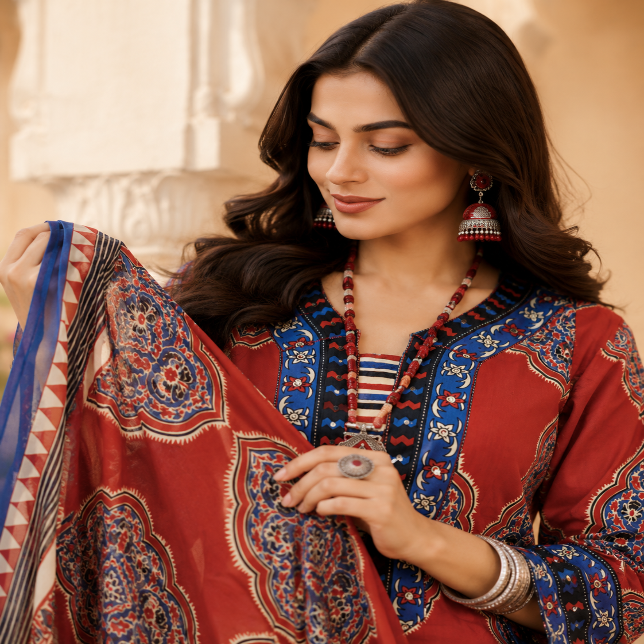 Red blue Ajrakh printed suit for women with cotton kurta, pants and printed dupatta