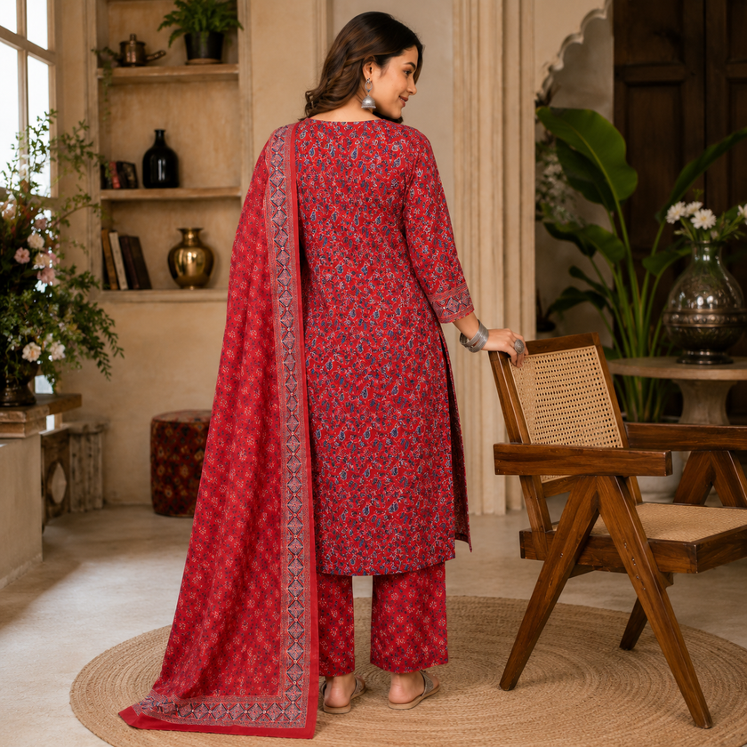 Red Blue Printed Cotton Dupatta Suit for Women with Floral Print Kurta
