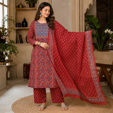 Red Blue Printed Cotton Dupatta Suit for Women with Floral Print Kurta
