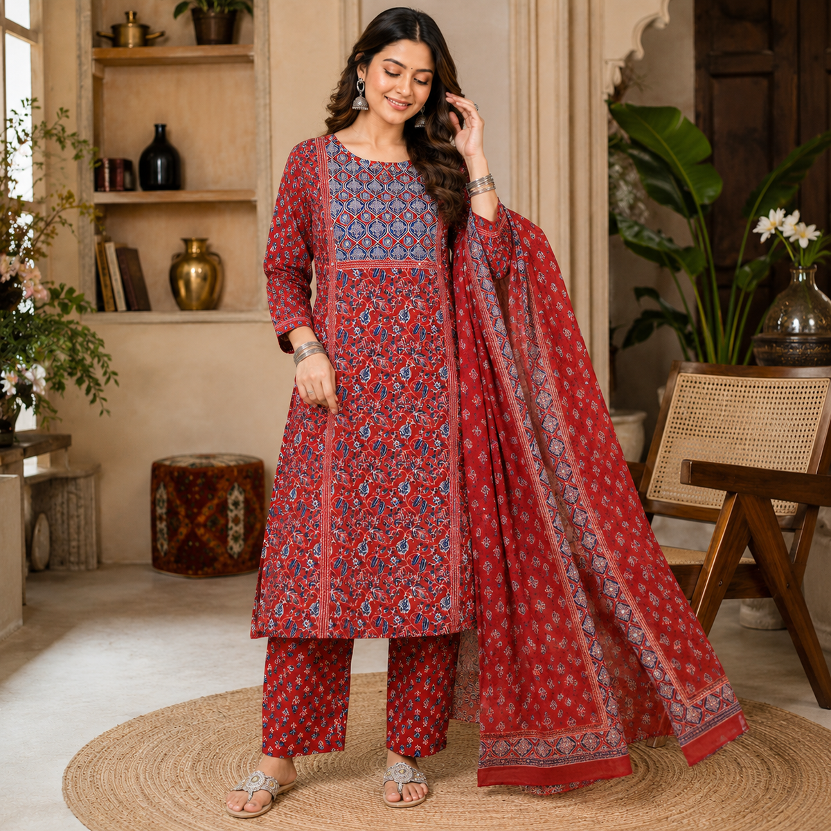 Red Blue Printed Cotton Dupatta Suit for Women with Floral Print Kurta
