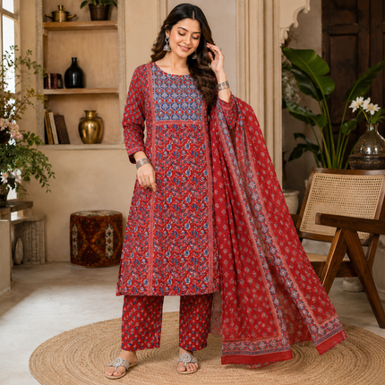 Red Blue Printed Cotton Dupatta Suit for Women with Floral Print Kurta
