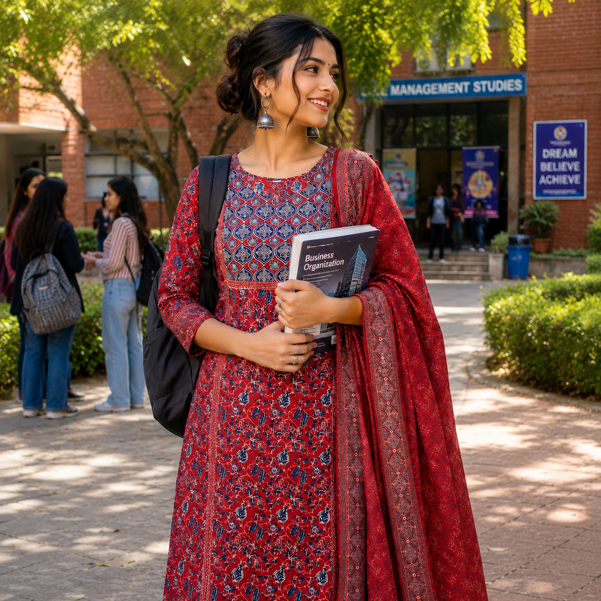 Red Blue Printed Cotton Dupatta Suit for Women with Floral Print Kurta
