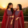 Red Blue Printed Cotton Dupatta Suit for Women with Floral Print Kurta
