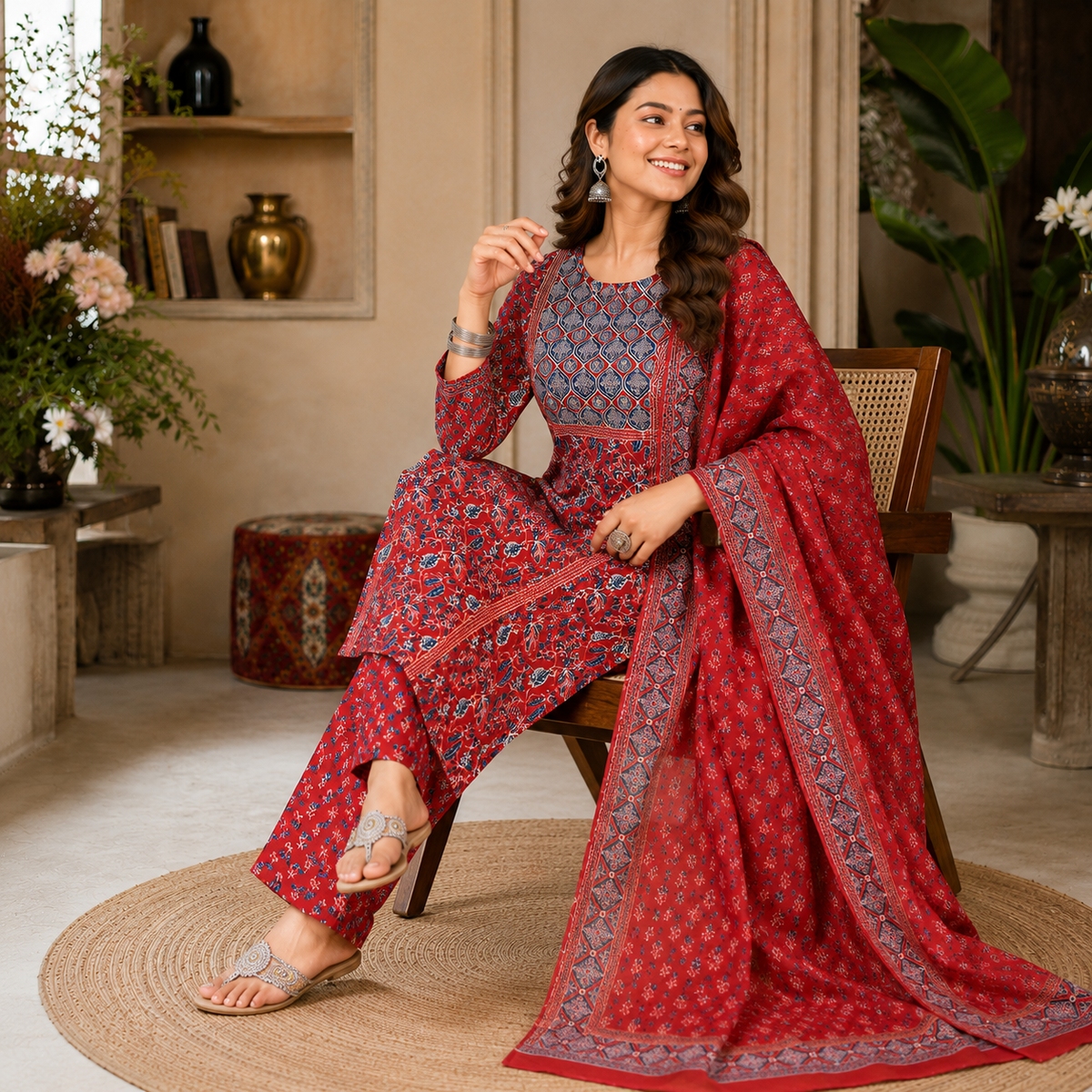 Red Blue Printed Cotton Dupatta Suit for Women with Floral Print Kurta
