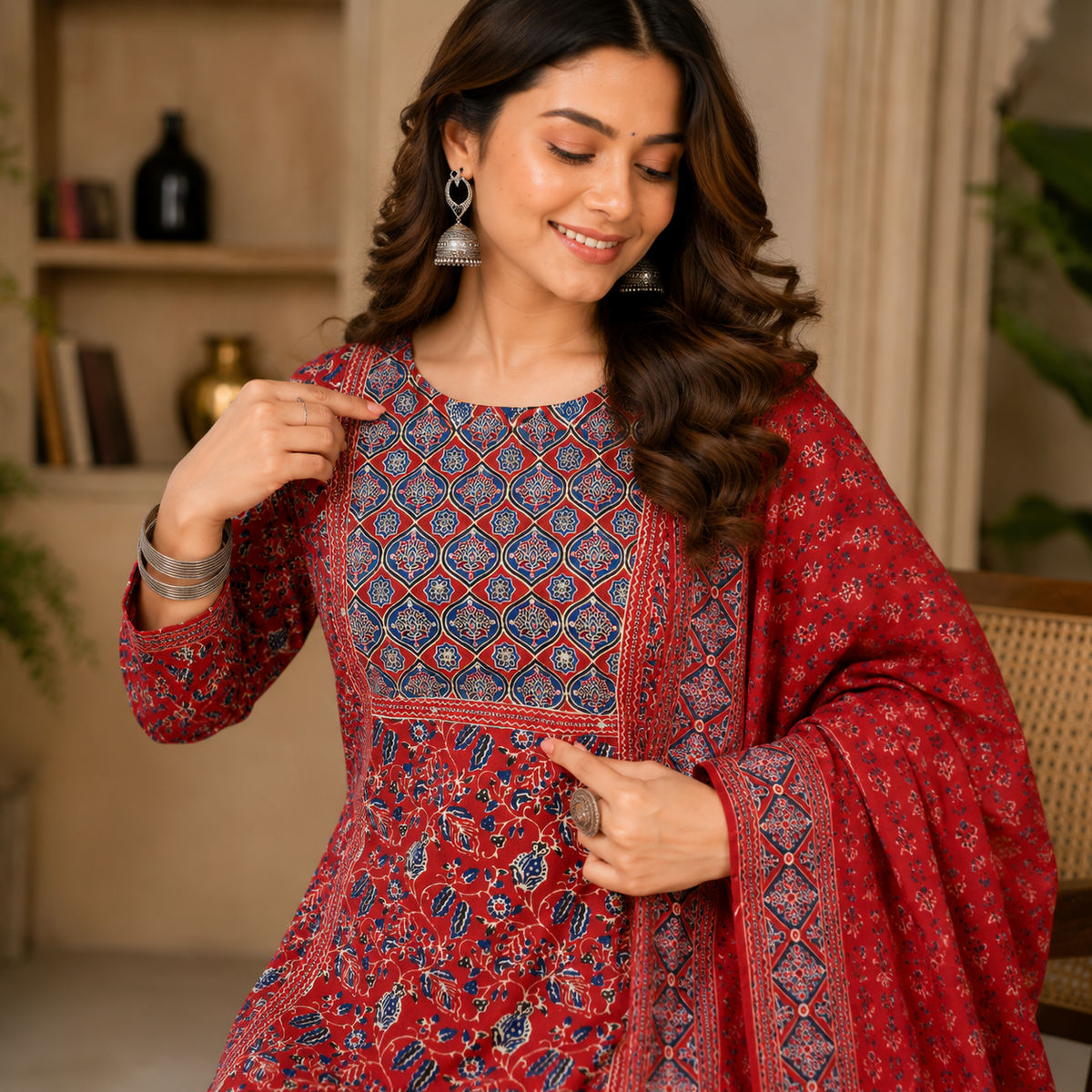 Red Blue Printed Cotton Dupatta Suit for Women with Floral Print Kurta
