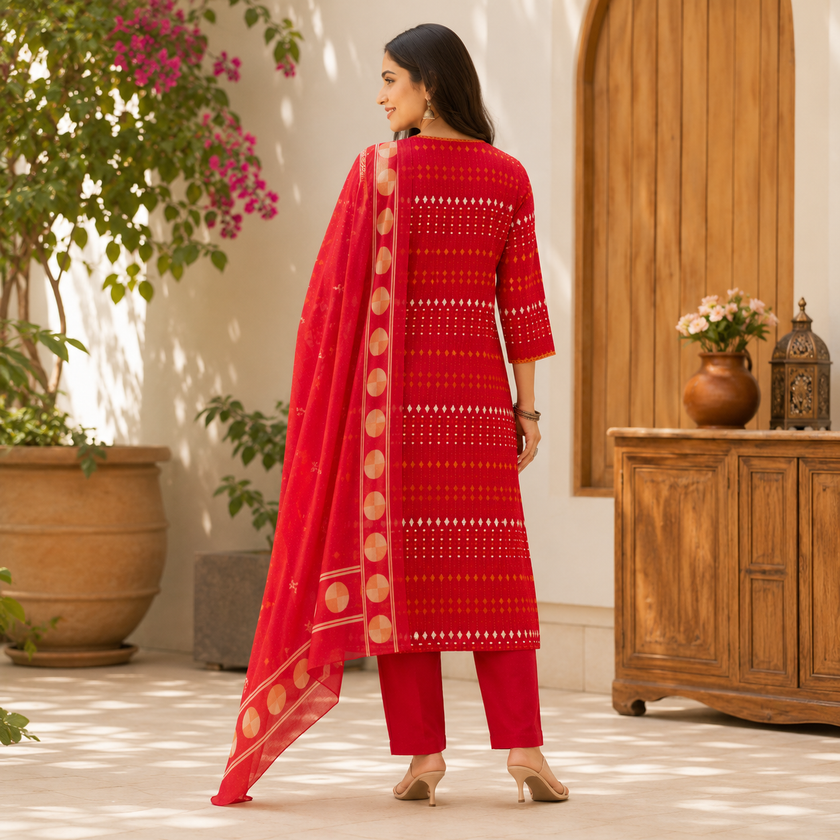 Red Printed Cotton Dupatta Suit for Women with Kurta and Pants
