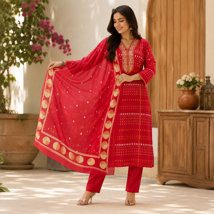 Red Printed Cotton Dupatta Suit for Women with Kurta and Pants
