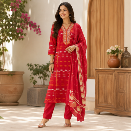 Red Printed Cotton Dupatta Suit for Women with Kurta and Pants
