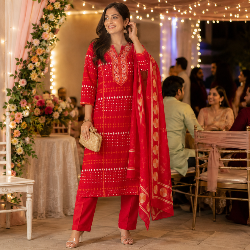 Red Printed Cotton Dupatta Suit for Women with Kurta and Pants

