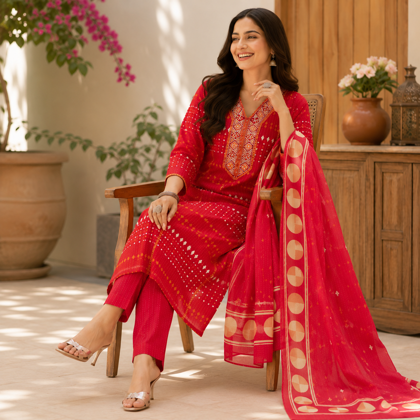 Red Printed Cotton Dupatta Suit for Women with Kurta and Pants
