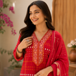 Red Printed Cotton Dupatta Suit for Women with Kurta and Pants

