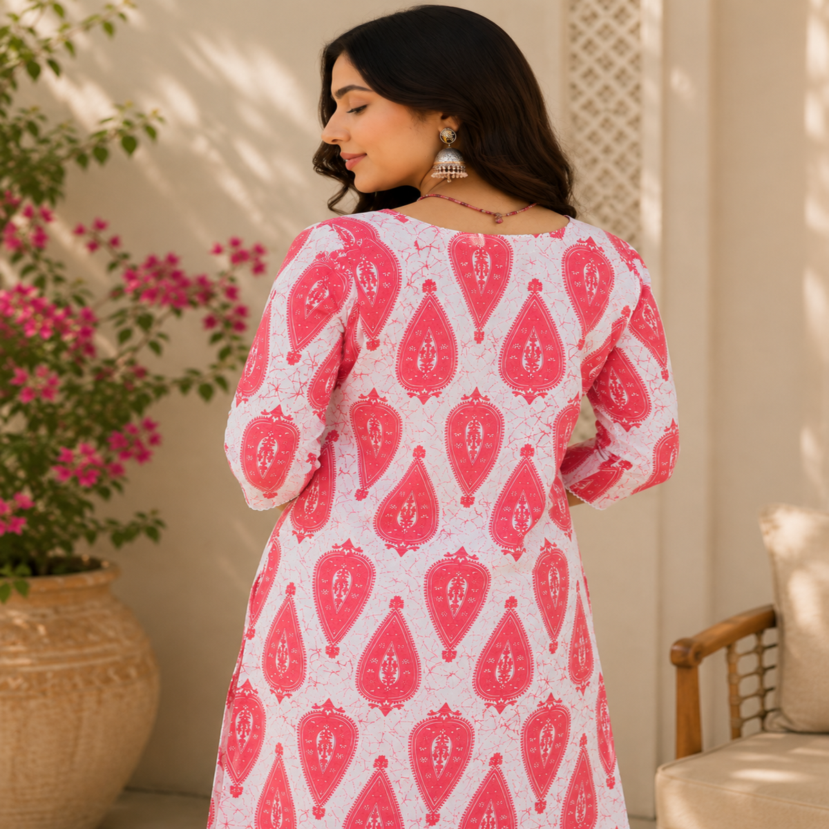 Red White Cotton Floral Kurta Set for Women with Printed Kurta and Matching Straight Pants