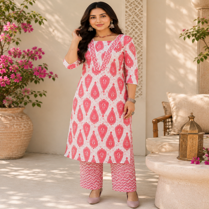 Red White Cotton Floral Kurta Set for Women with Printed Kurta and Matching Straight Pants