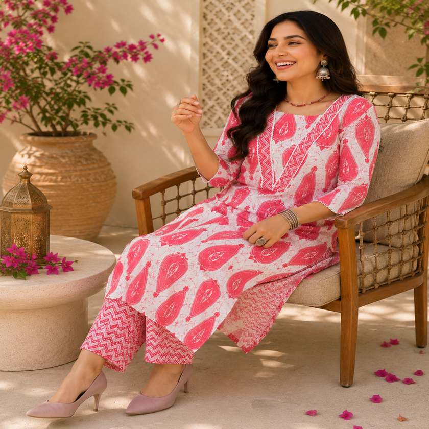 Red White Cotton Floral Kurta Set for Women with Printed Kurta and Matching Straight Pants