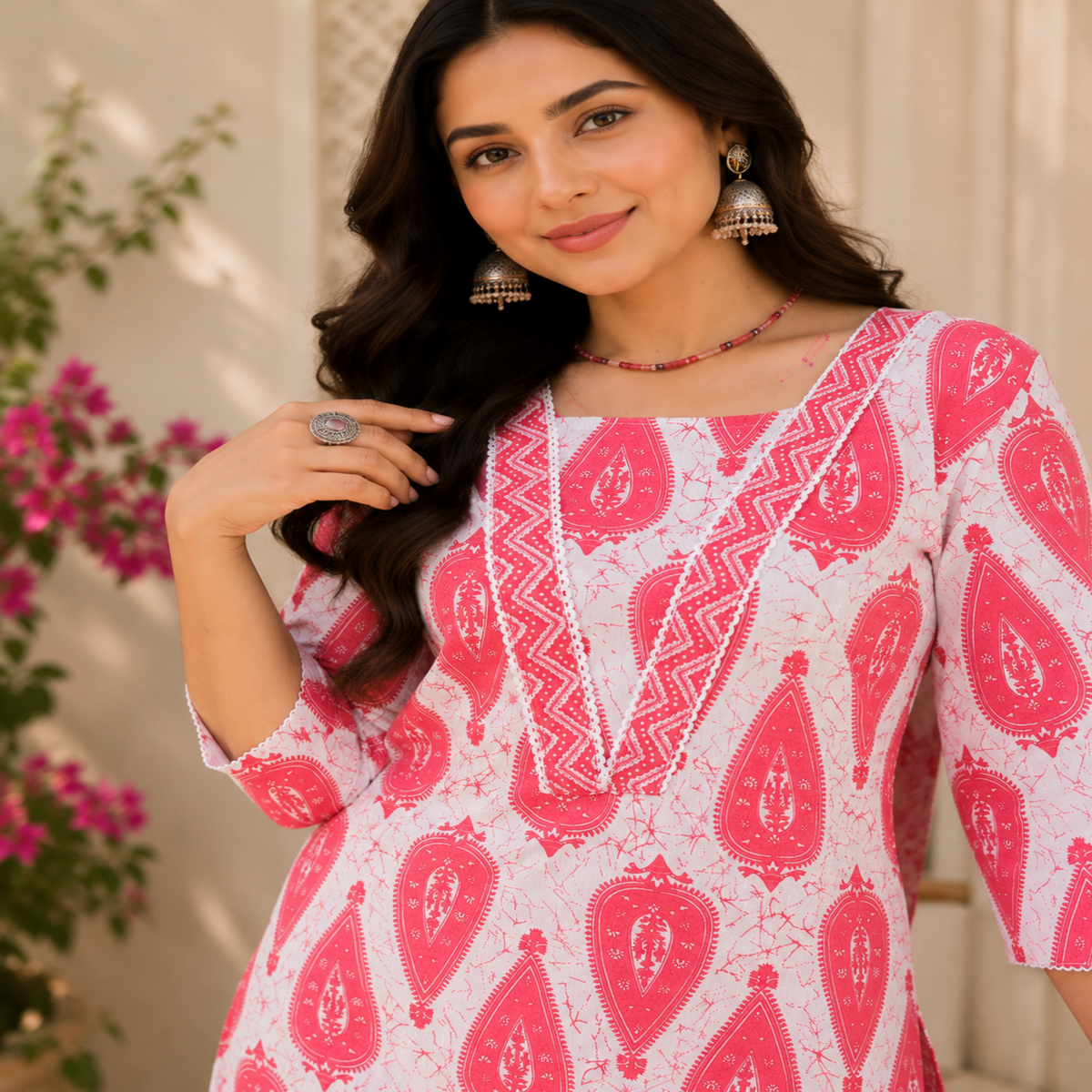 Red White Cotton Floral Kurta Set for Women with Printed Kurta and Matching Straight Pants