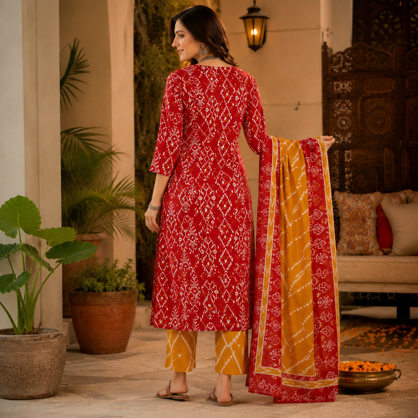 Red Yellow Printed Cotton Dupatta Suit for Women with Kurta and Pants
