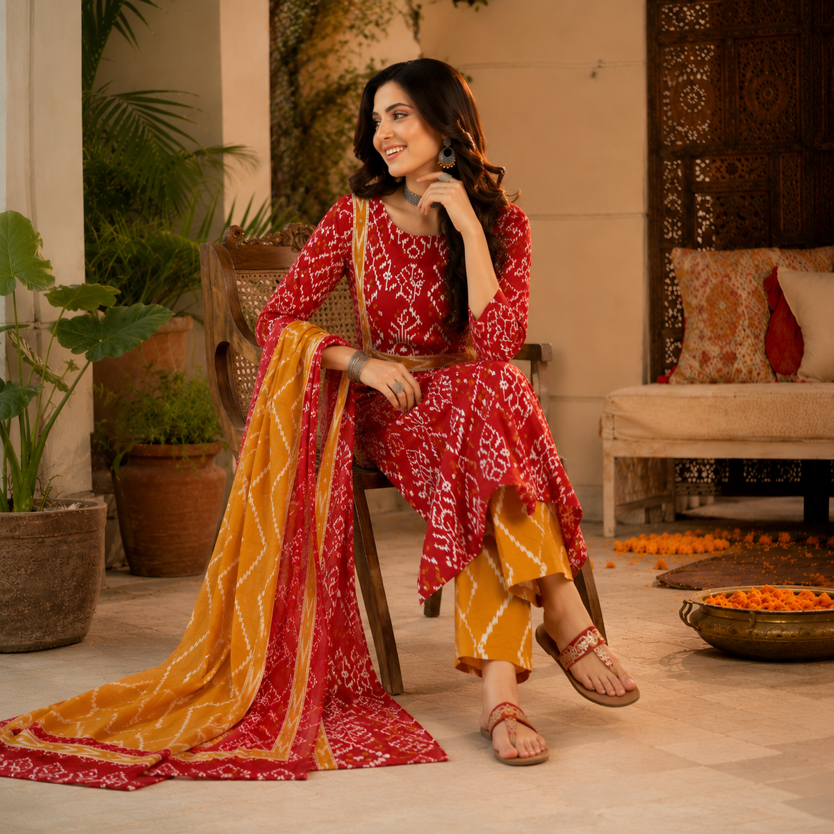 Red Yellow Printed Cotton Dupatta Suit for Women with Kurta and Pants

