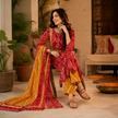 Red Yellow Printed Cotton Dupatta Suit for Women with Kurta and Pants
