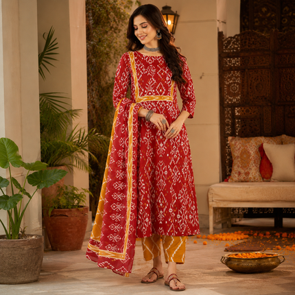Red Yellow Printed Cotton Dupatta Suit for Women with Kurta and Pants
