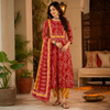 Red Yellow Printed Cotton Dupatta Suit for Women with Kurta and Pants
