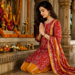 Red Yellow Printed Cotton Dupatta Suit for Women with Kurta and Pants
