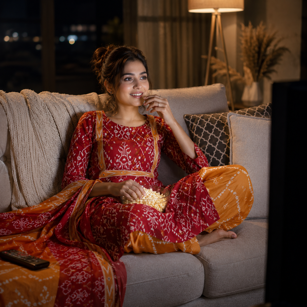 Red Yellow Printed Cotton Dupatta Suit for Women with Kurta and Pants
