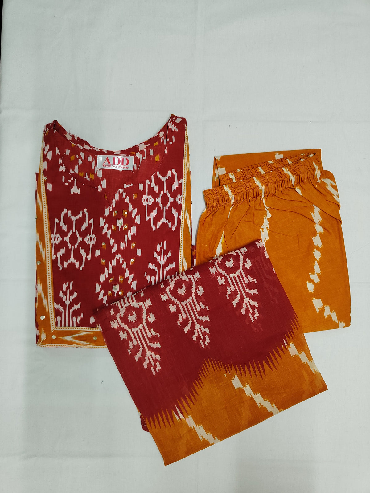Red Yellow Printed Dupatta Suit