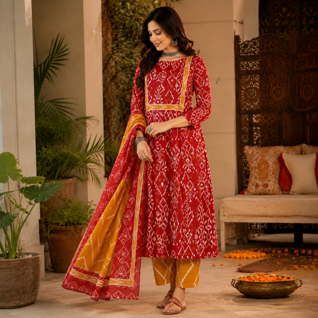 Red Yellow Printed Cotton Dupatta Suit for Women with Kurta and Pants

