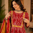 Red Yellow Printed Cotton Dupatta Suit for Women with Kurta and Pants
