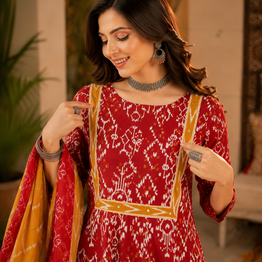 Red Yellow Printed Cotton Dupatta Suit for Women with Kurta and Pants
