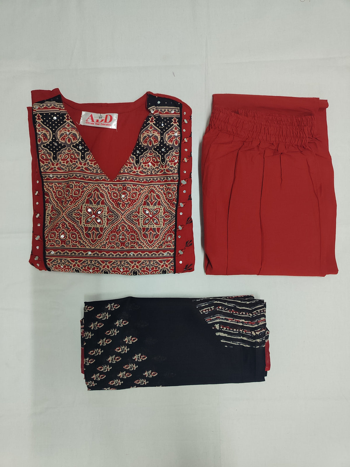 Red and Black Printed Flared Kurta Dupatta Suit