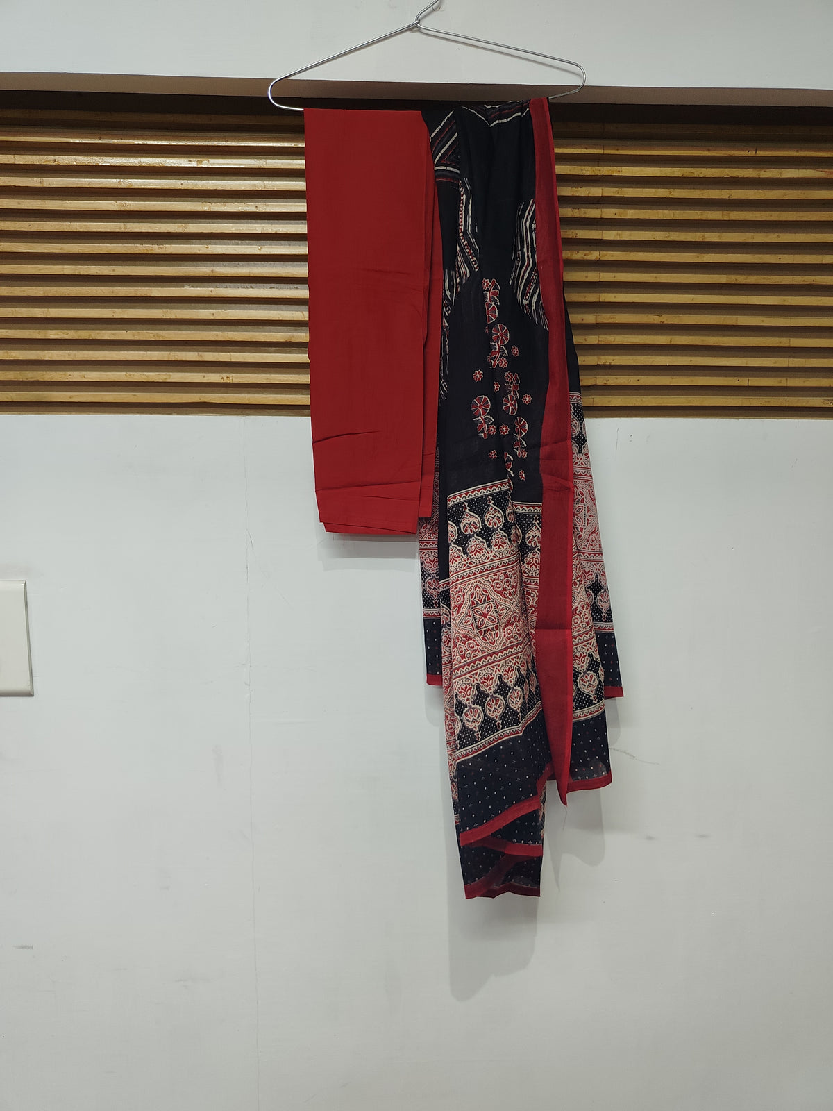 Red and Black Printed Flared Kurta Dupatta Suit