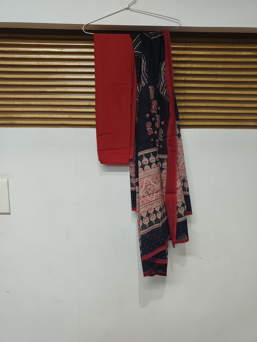 Red and Black Printed Flared Kurta Dupatta Suit