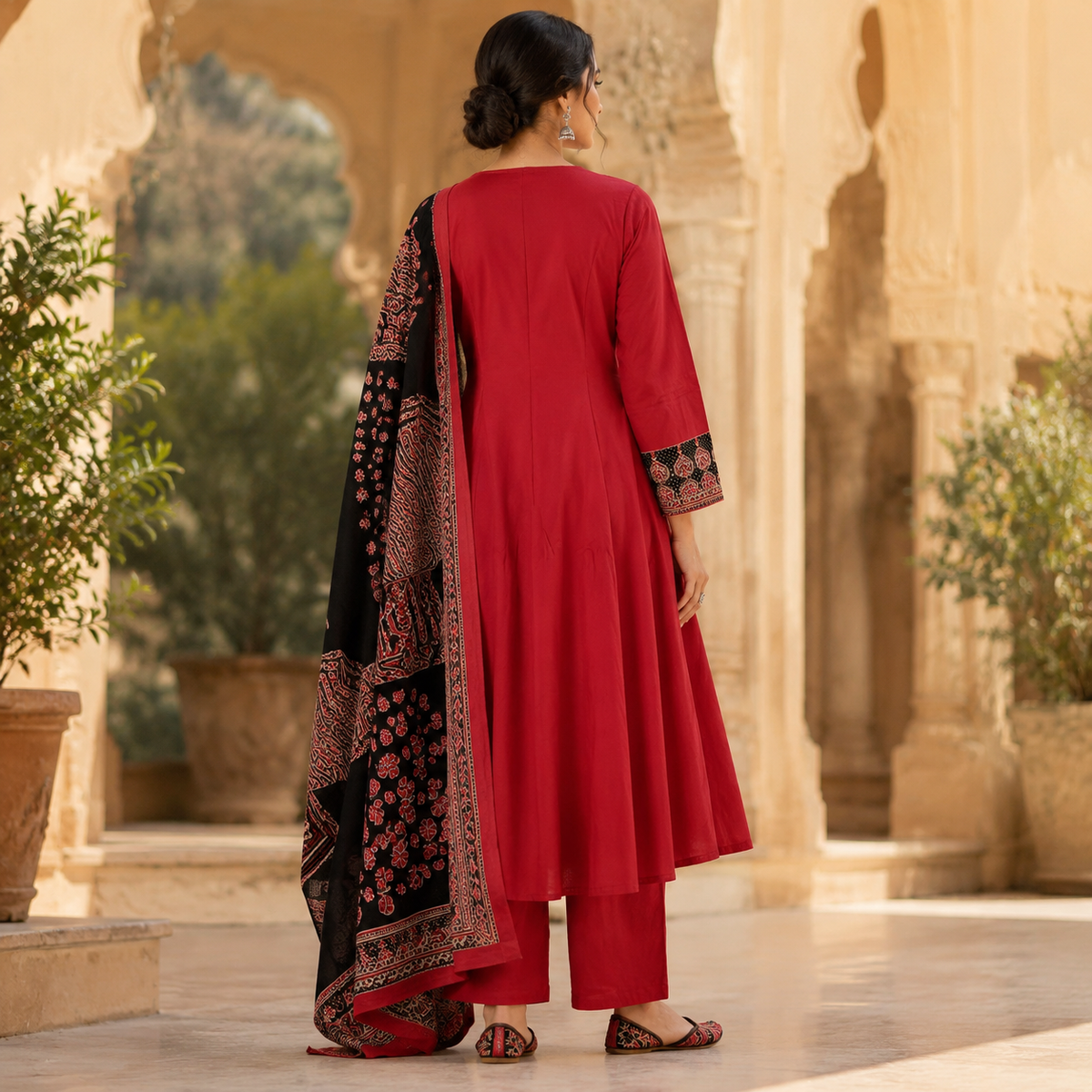 Red and Black Printed Flared Kurta Dupatta Suit
