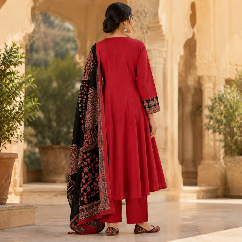 Red and Black Printed Flared Kurta Dupatta Suit