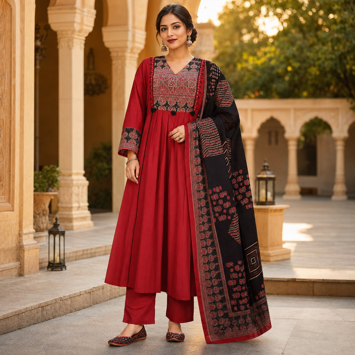 Red and Black Printed Flared Kurta Dupatta Suit