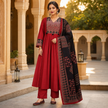 Red and Black Printed Flared Kurta Dupatta Suit