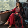 Red and Black Printed Flared Kurta Dupatta Suit