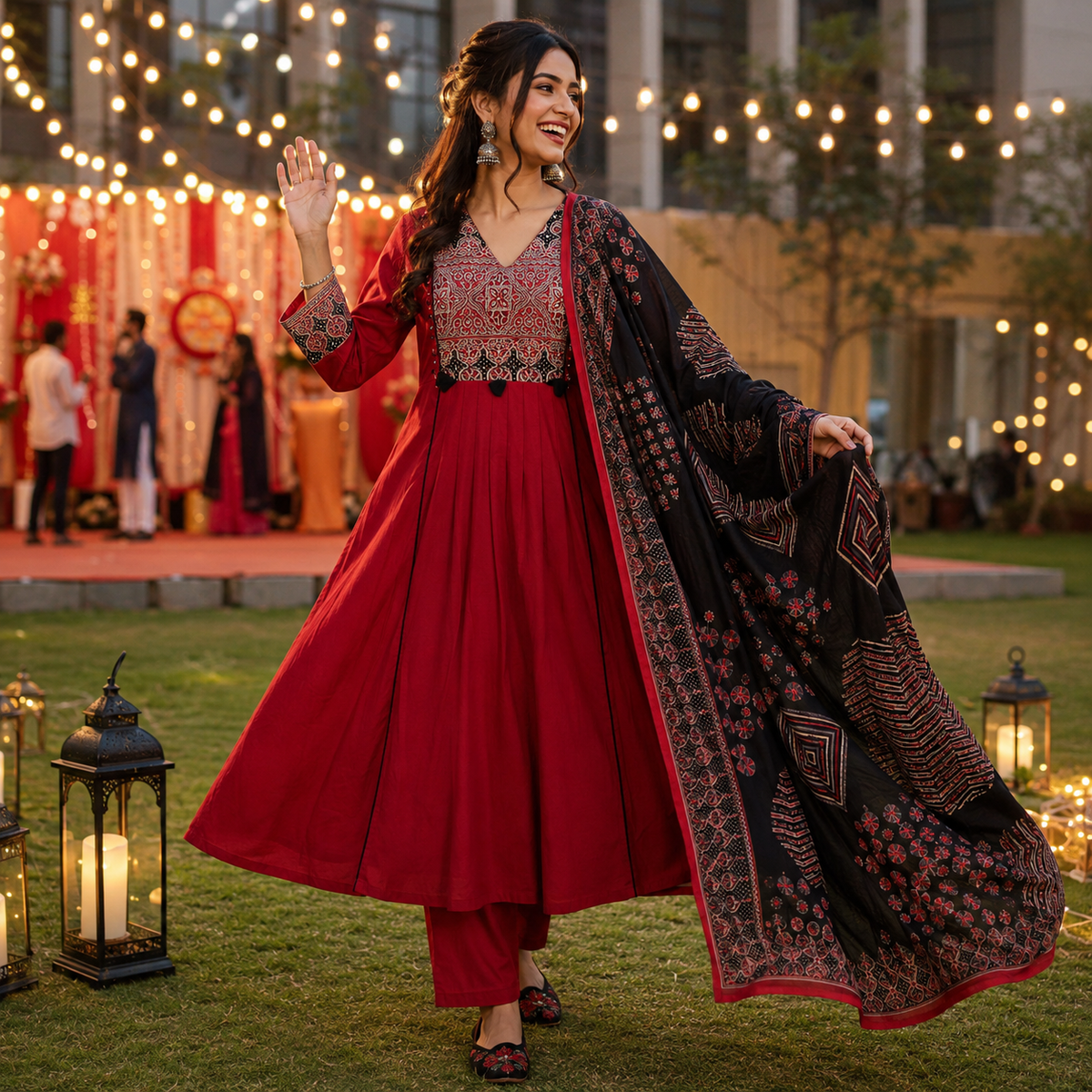 Red and Black Printed Flared Kurta Dupatta Suit